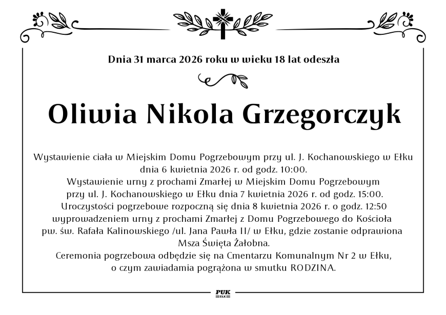 Oliwia Nikola Grzegorczyk - nekrolog